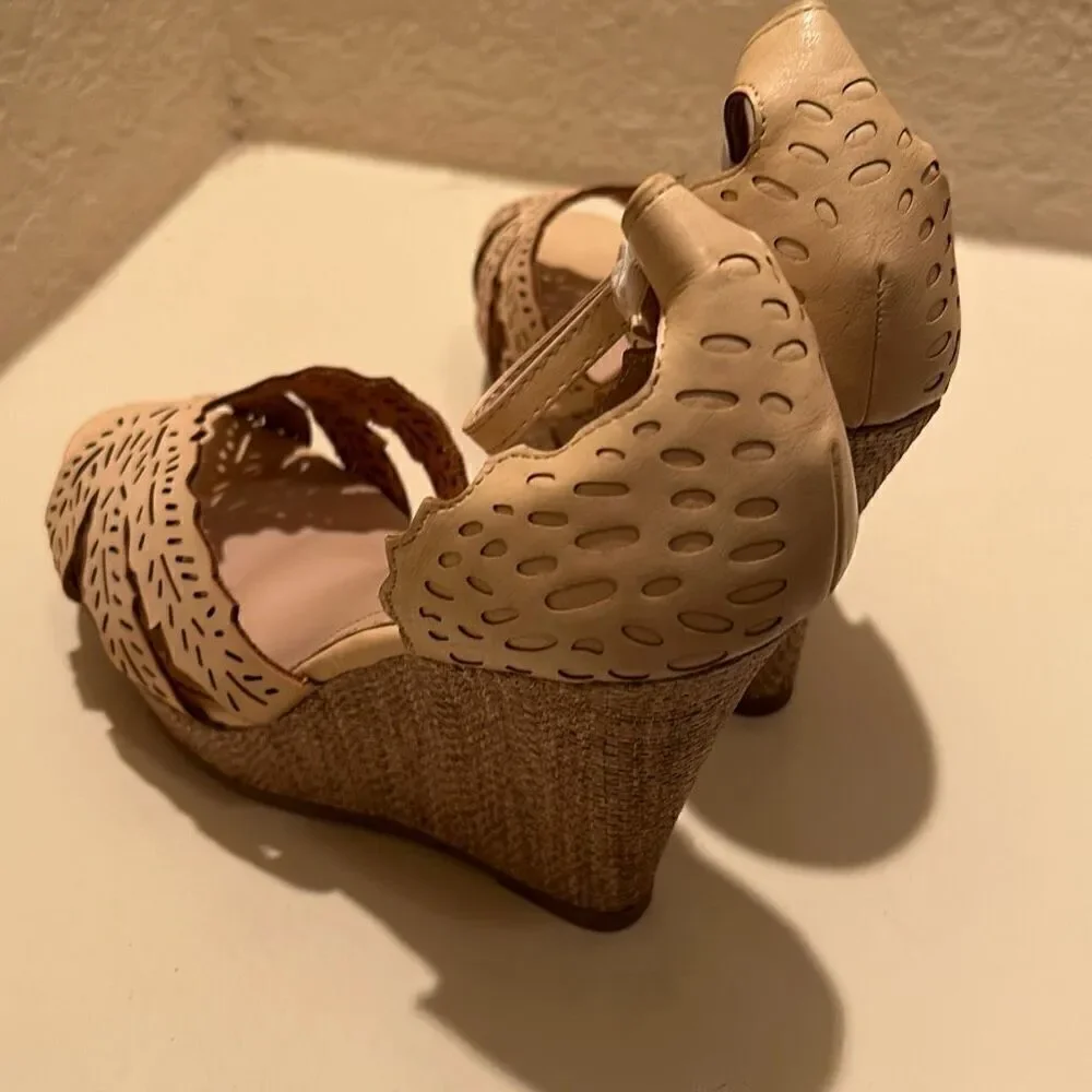 Top Moda Women's 10 Laser Cut Strappy Wedge Heel Beige Tan Neutral Coastal Beach